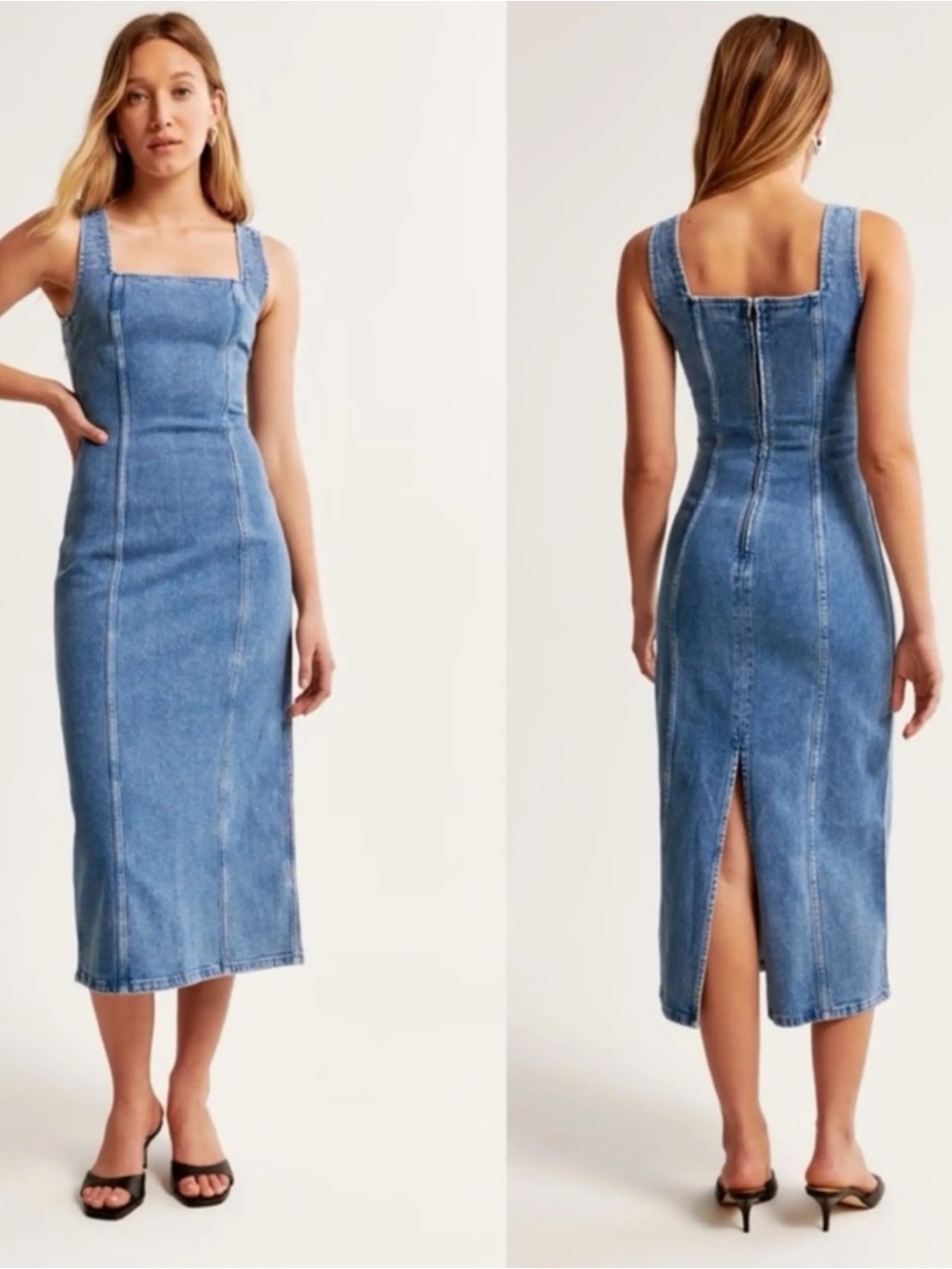 Abercrombie & Fitch Denim Square Neck Column Dress Blue Midi Stretch Size XXS
